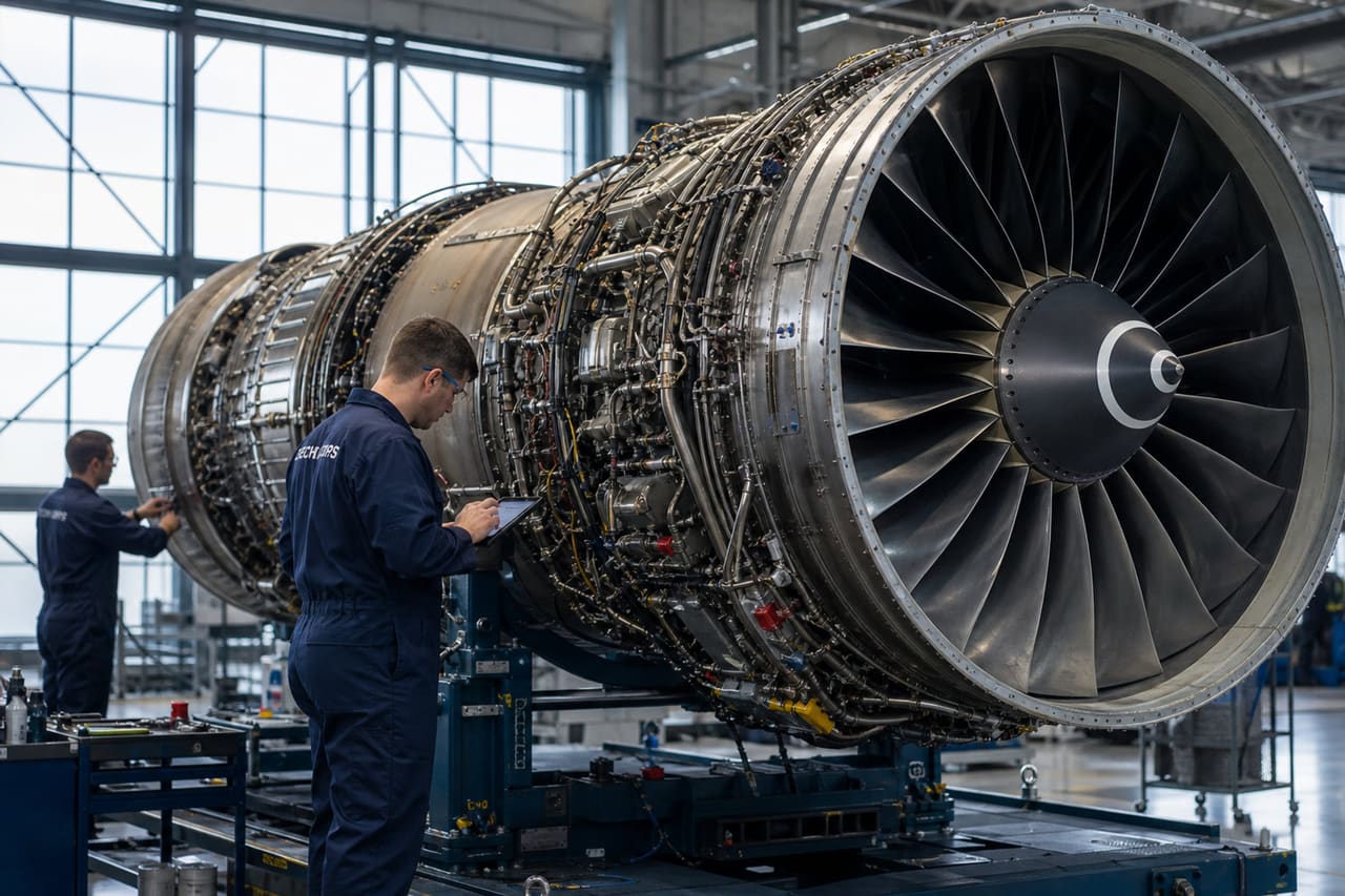 Engineers Inspecting a Large Jet Engine in an Aerospace Hangar