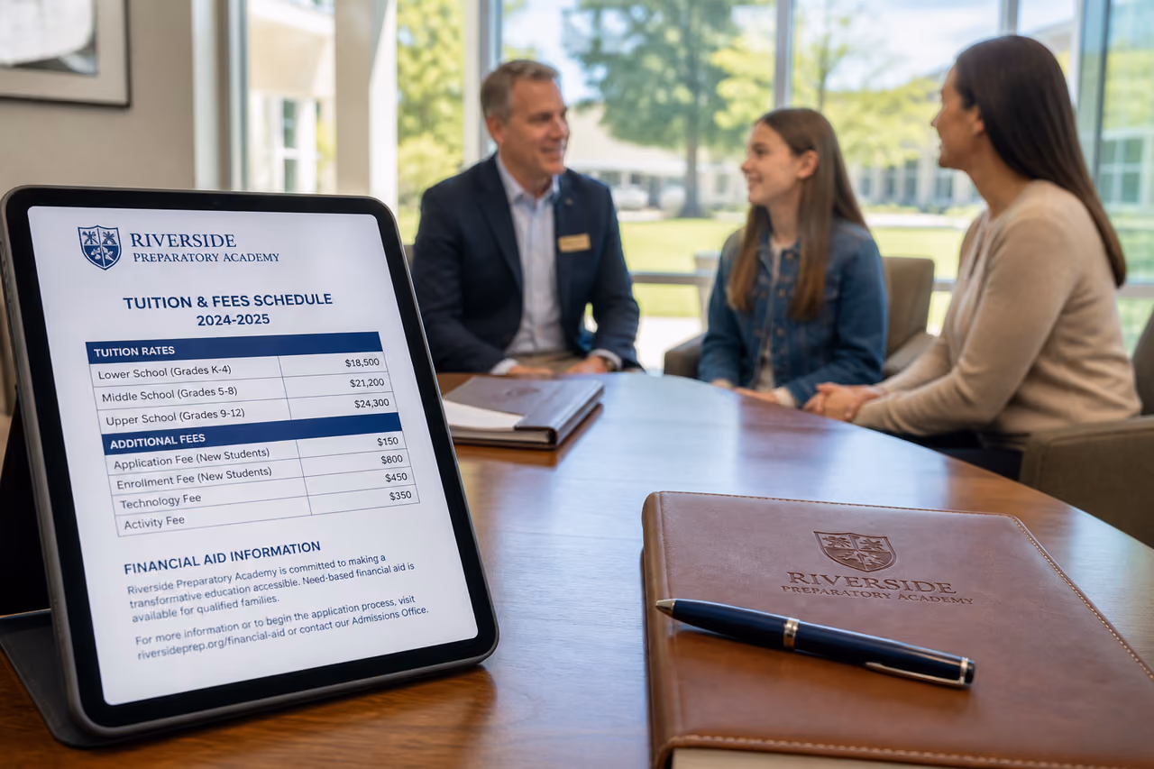 Administrator Discussing Tuition Fees with Parents in School Office
