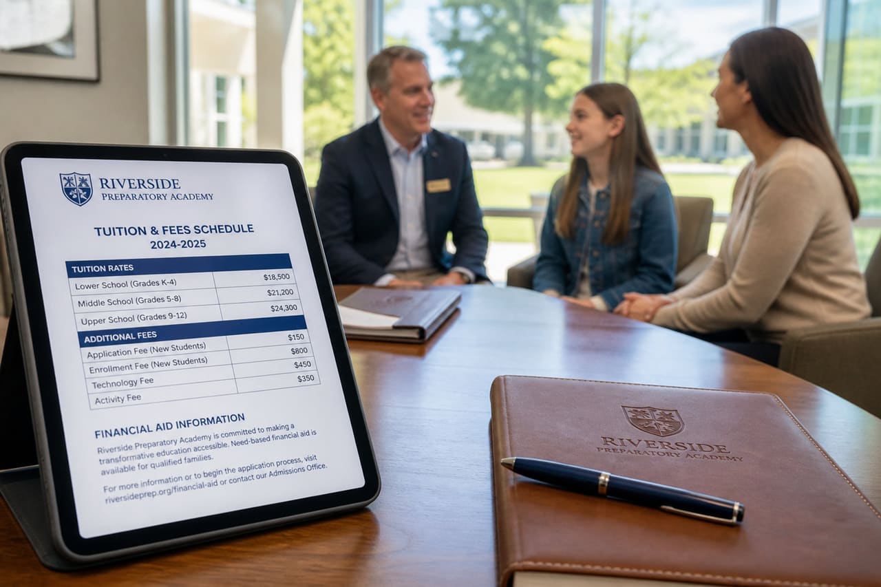 Administrator Discussing Tuition Fees with Parents in School Office