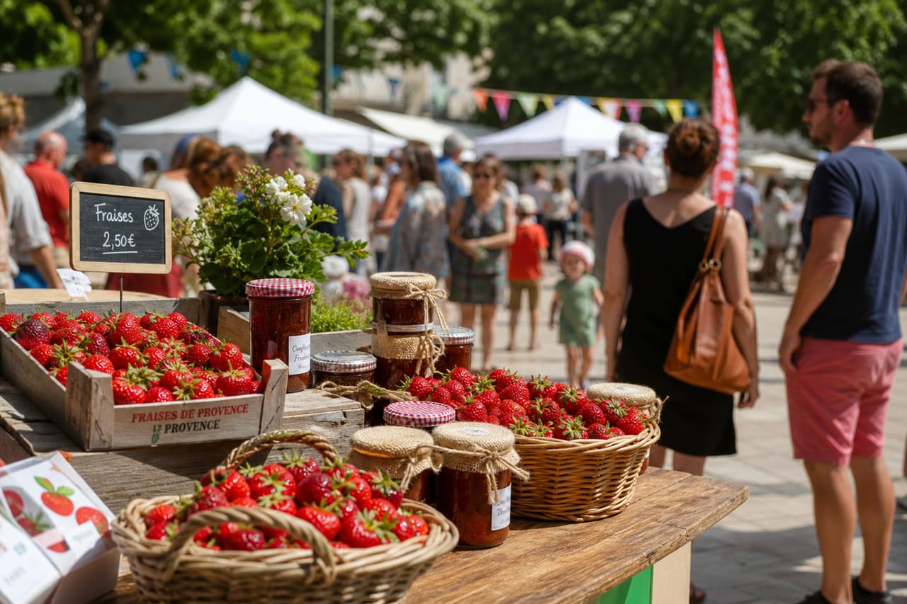 Fresh Strawberries and Jams at a Community Festival