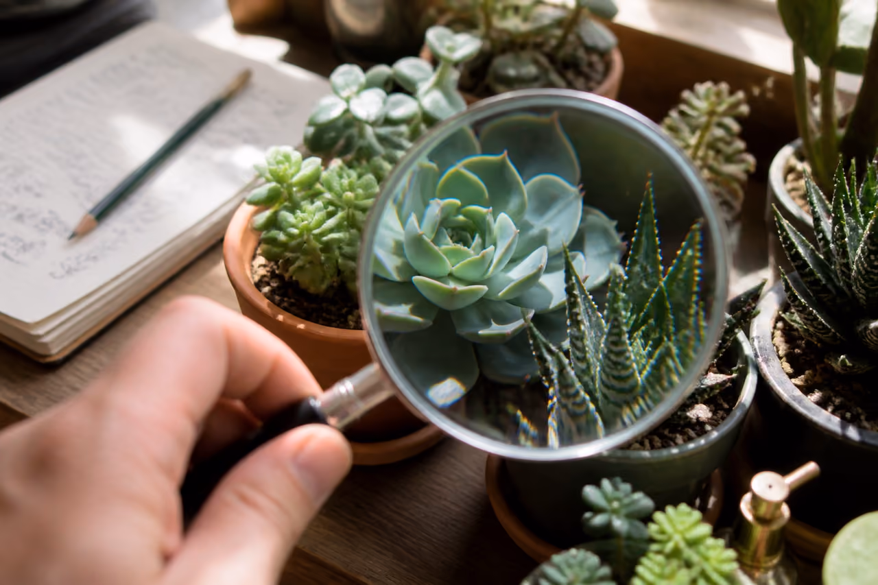 Person Using Magnifying Glass to Identify Succulent Plant Species