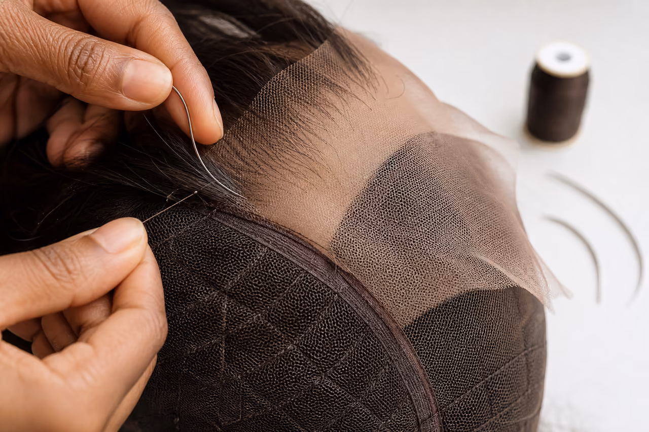 Stylist Stitching a Thin Lace Closure on a Workbench
