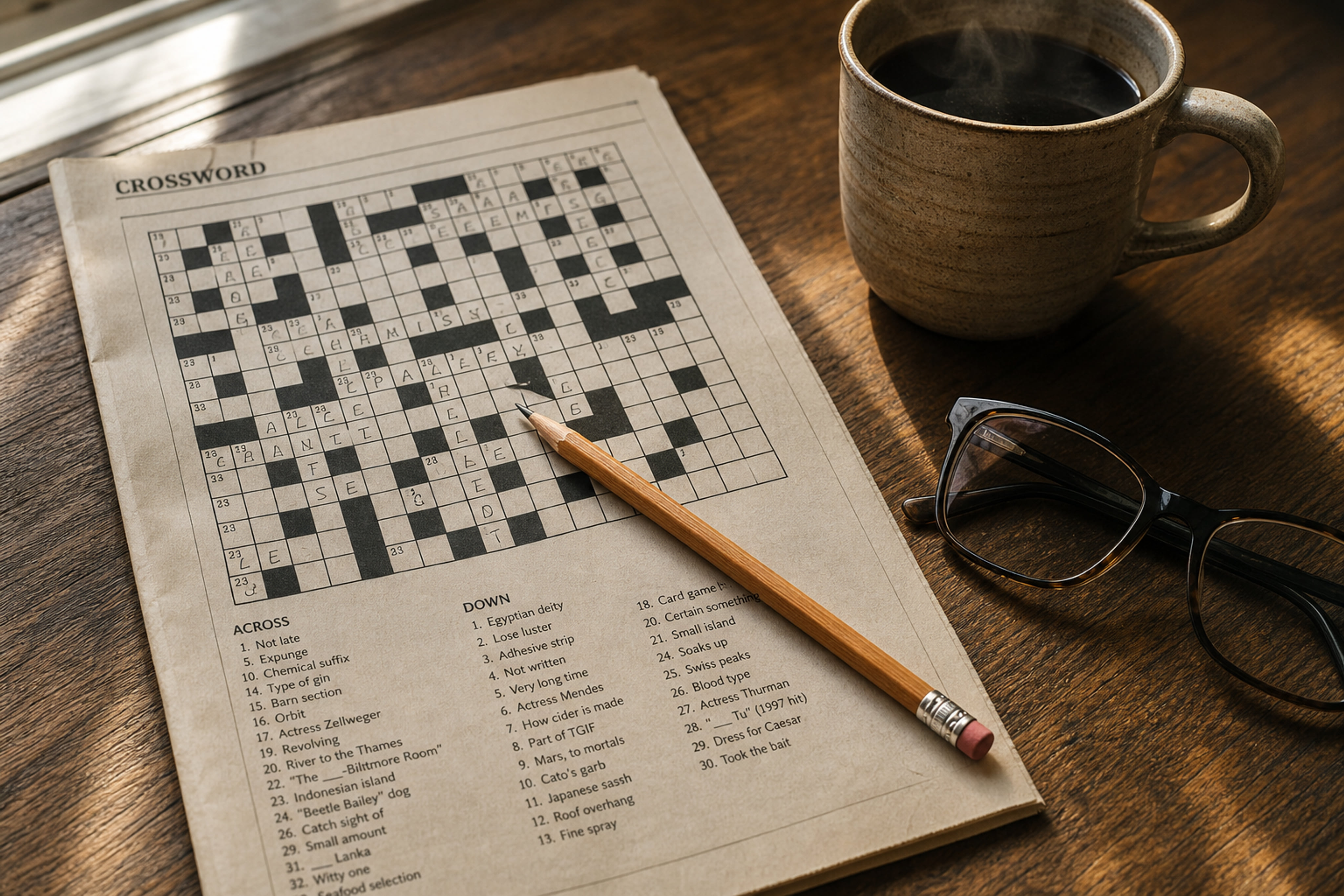Person Solving a Crossword Puzzle with Coffee and Pencil