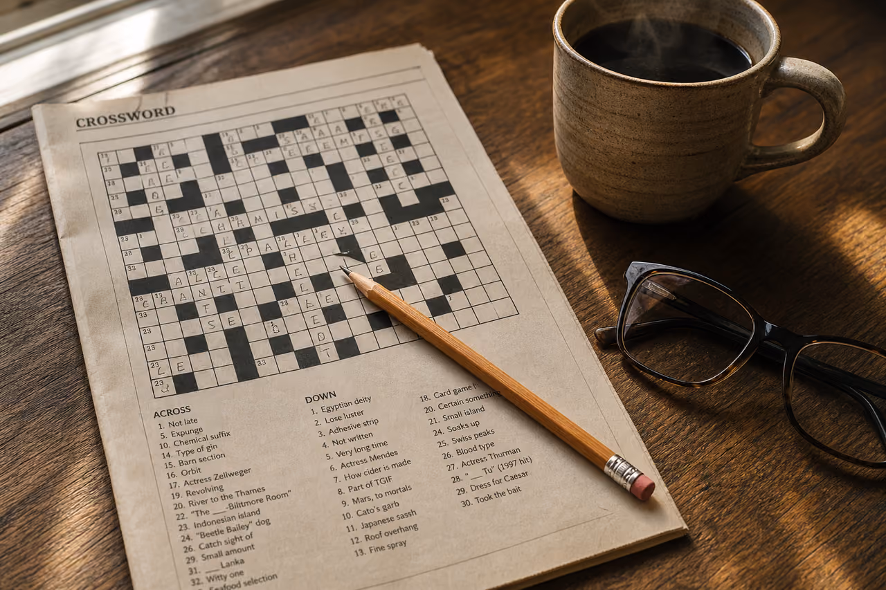 Person Solving a Crossword Puzzle with Coffee and Pencil