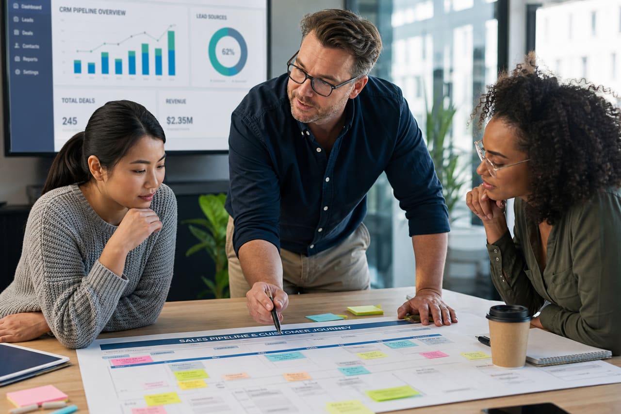 Corporate Team Planning a Sales Support Strategy in Modern Office