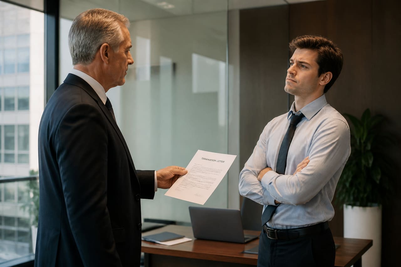 Manager Handing Termination Letter to Defiant Employee in Office