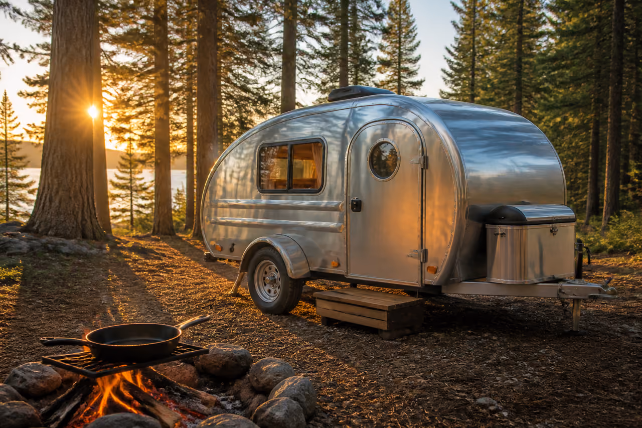 Vintage Teardrop Camping Trailer in a Pine Forest Clearing
