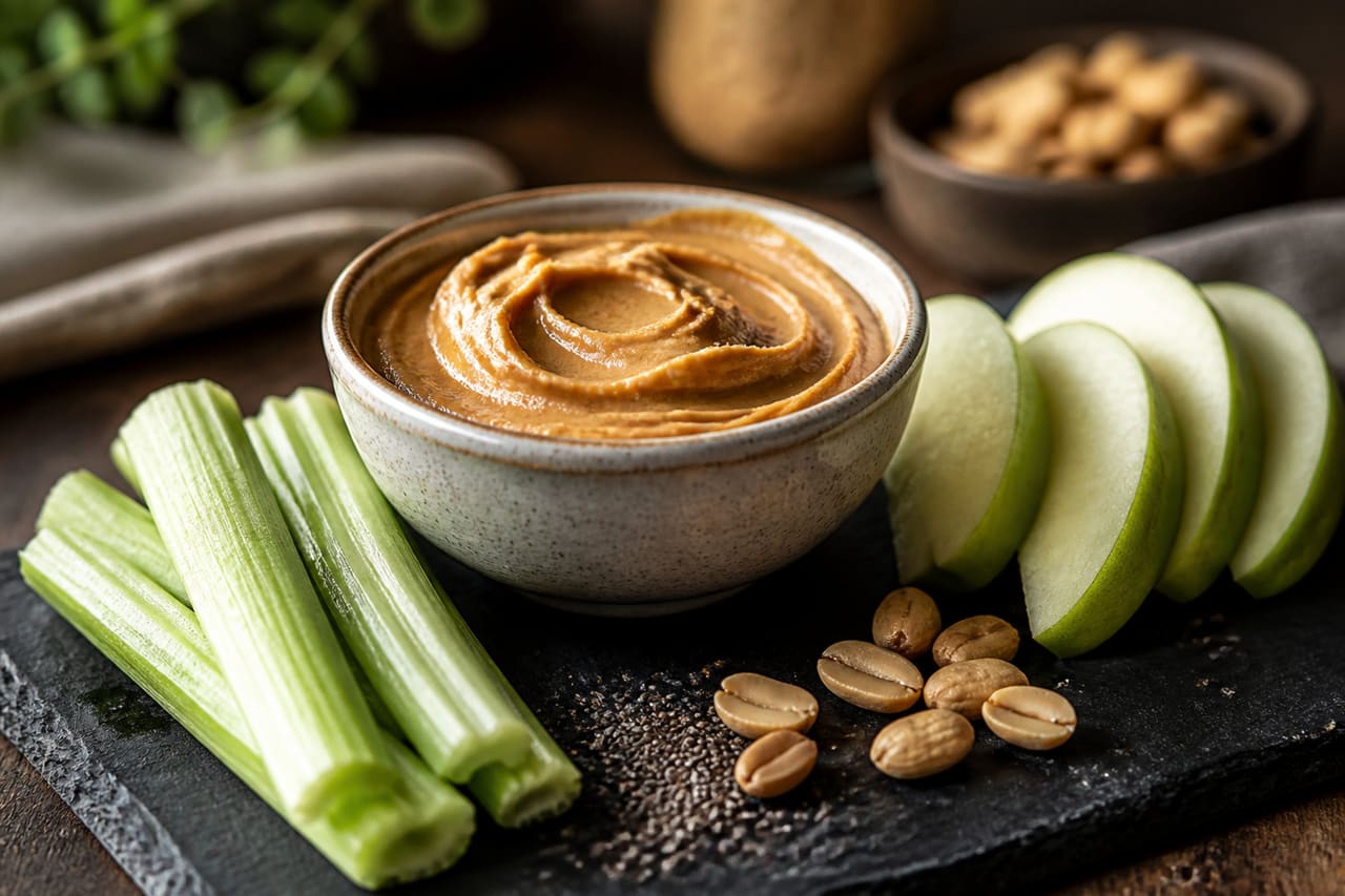 Keto Peanut Butter Snack with Celery and Apple Slices