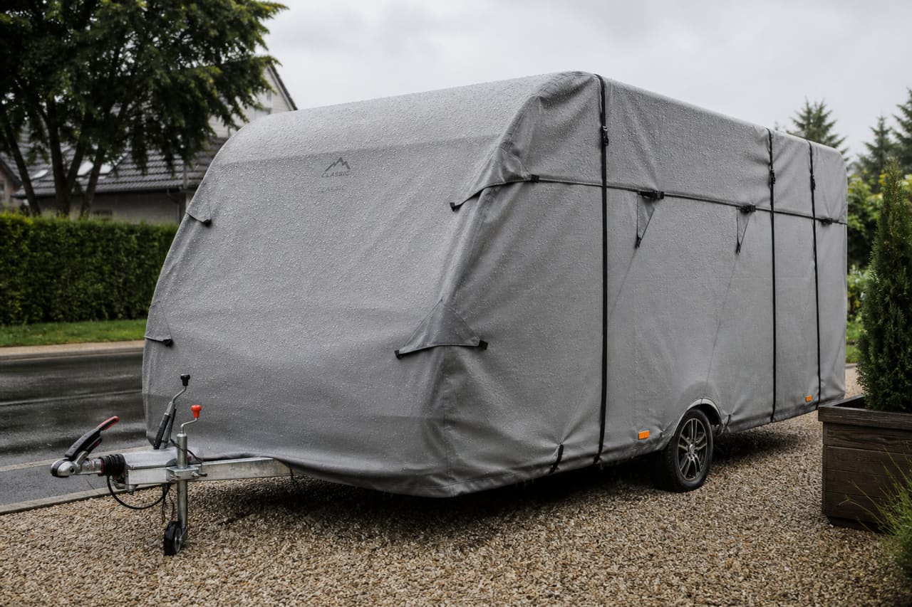 Travel Trailer Protected by Waterproof Caravan Cover in Rain