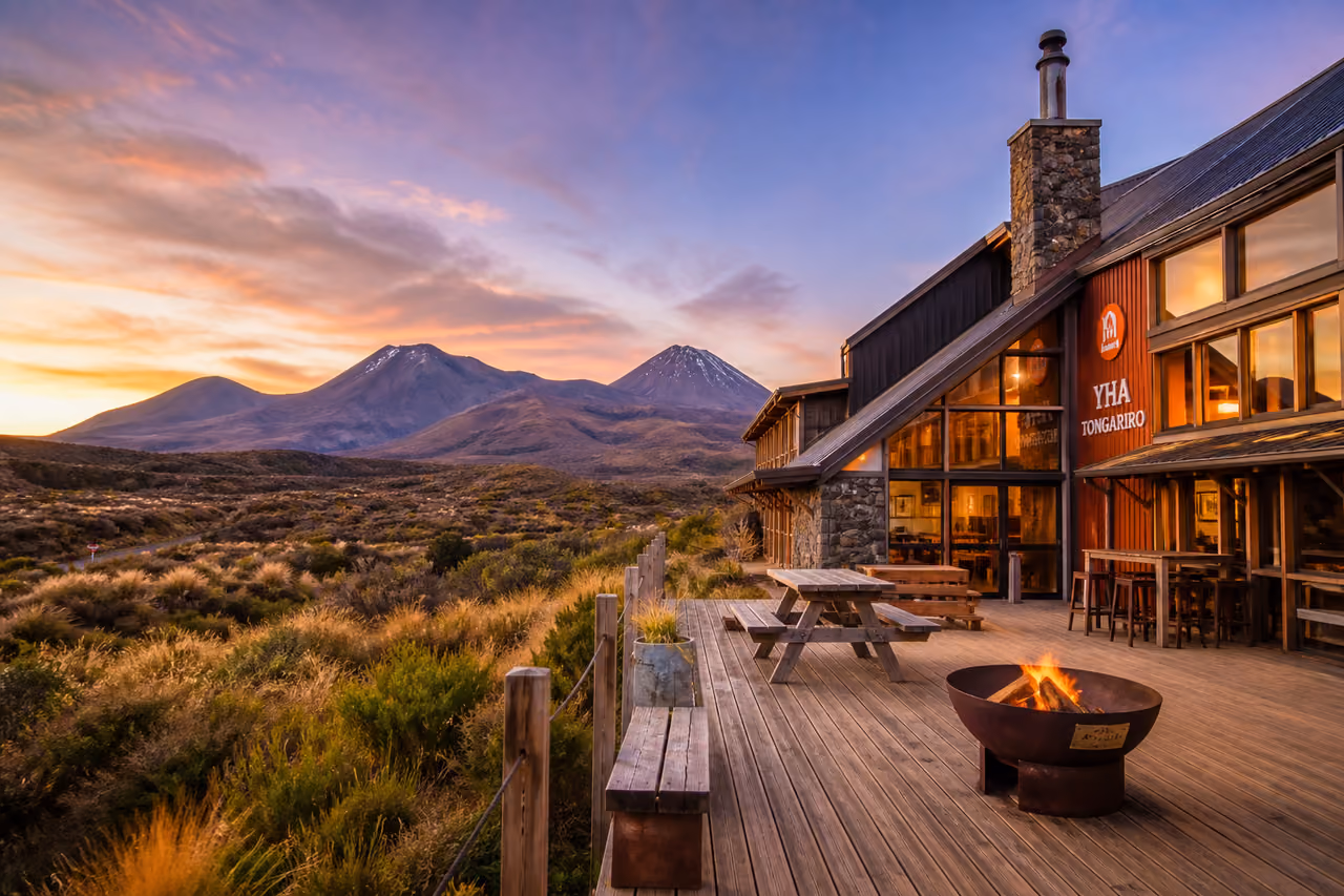 Tongariro Yha Hostel Exterior with Volcanic Mountain Backdrop