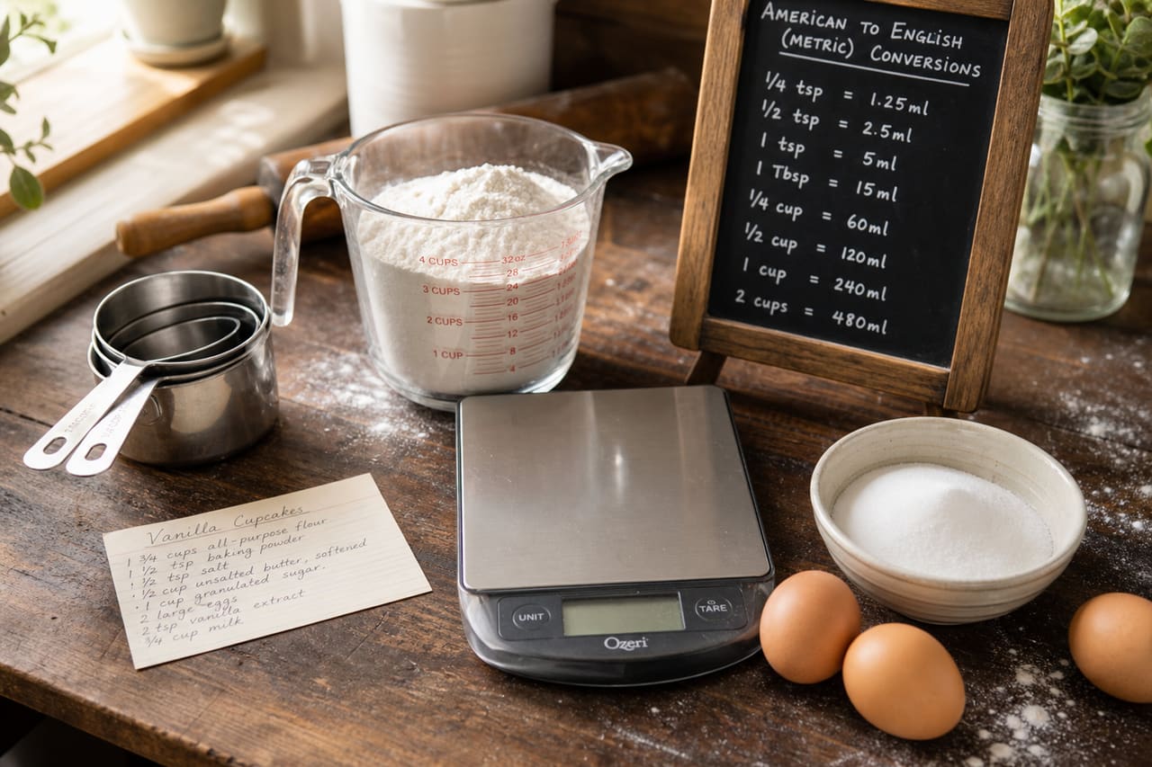 Baking Conversion Chart and Measuring Tools on Wooden Counter