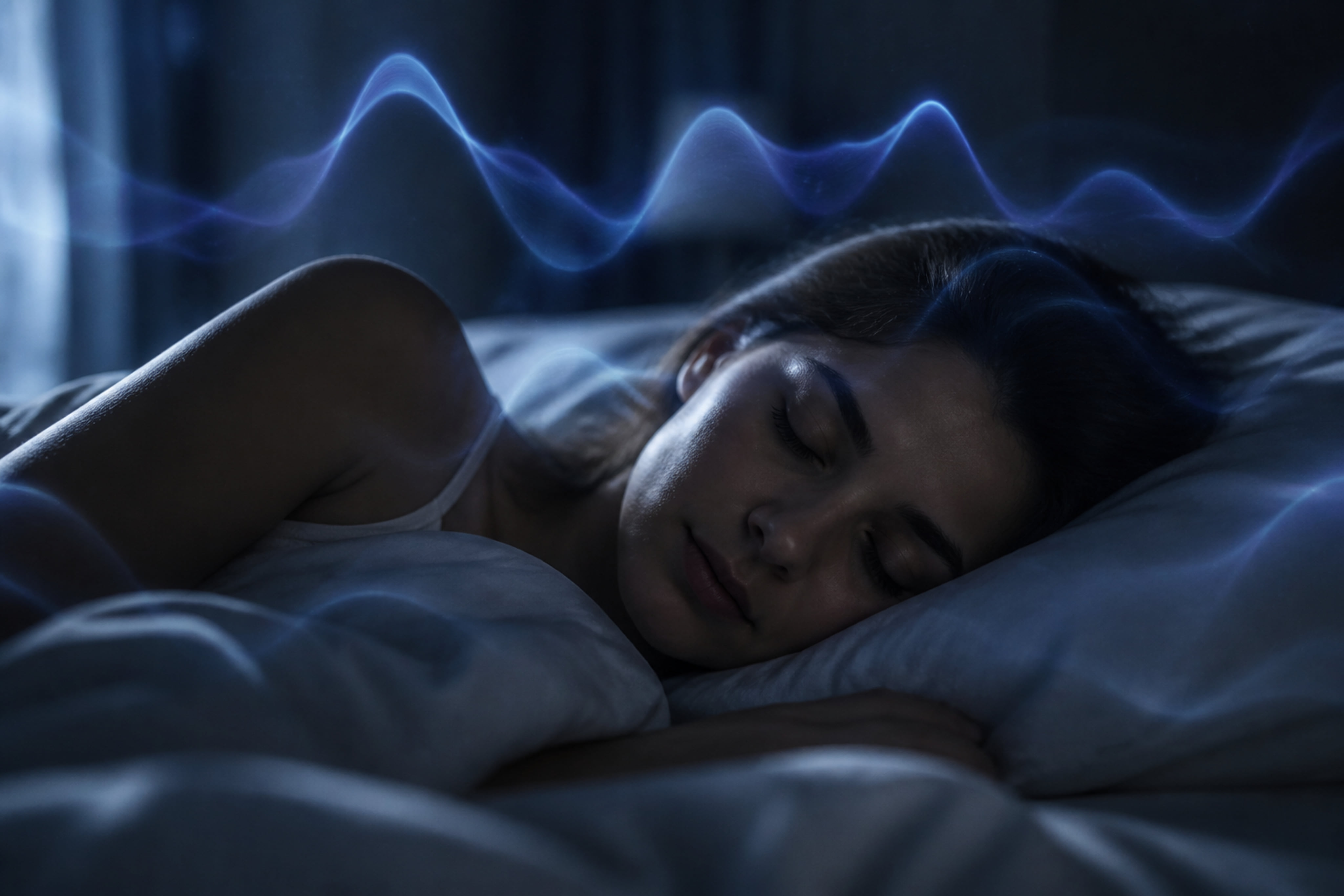 Person in Deep Sleep with Delta Wave Brain Visualization