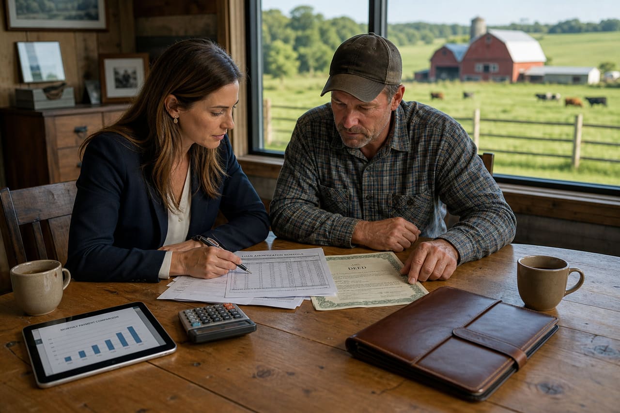 Farmer and Loan Officer Reviewing Agricultural Land Financing Terms
