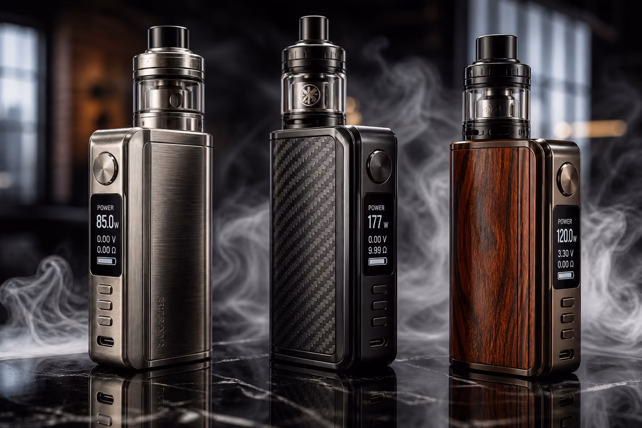 Premium Box Mods Arranged on a Reflective Dark Surface