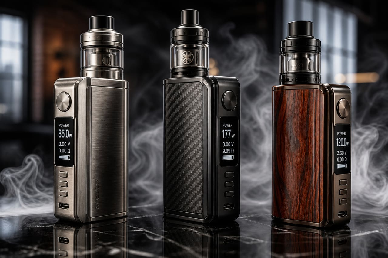 Premium Box Mods Arranged on a Reflective Dark Surface