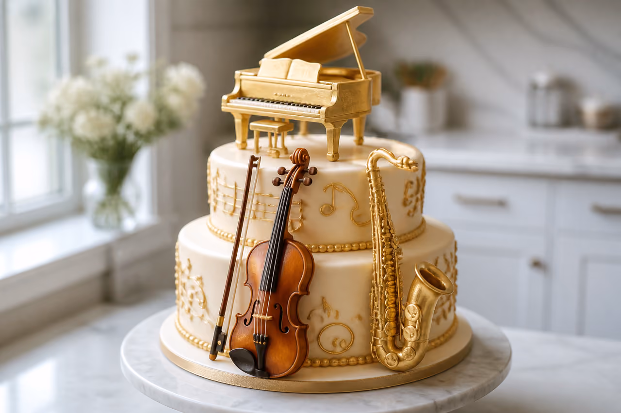 Elegant Tiered Cake with Gold Musical Instrument Cake Toppers