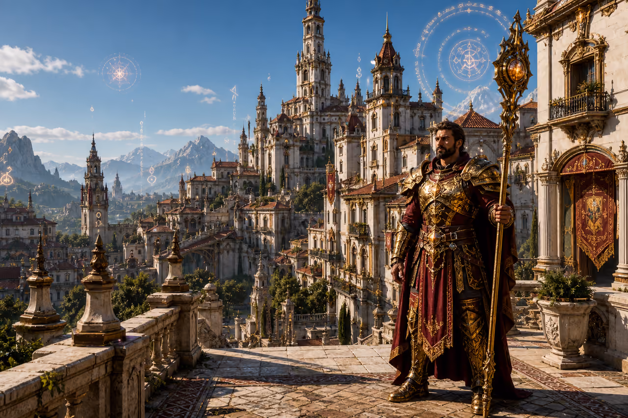 Fantasy Warrior Standing Before a Spanish Inspired Magic City