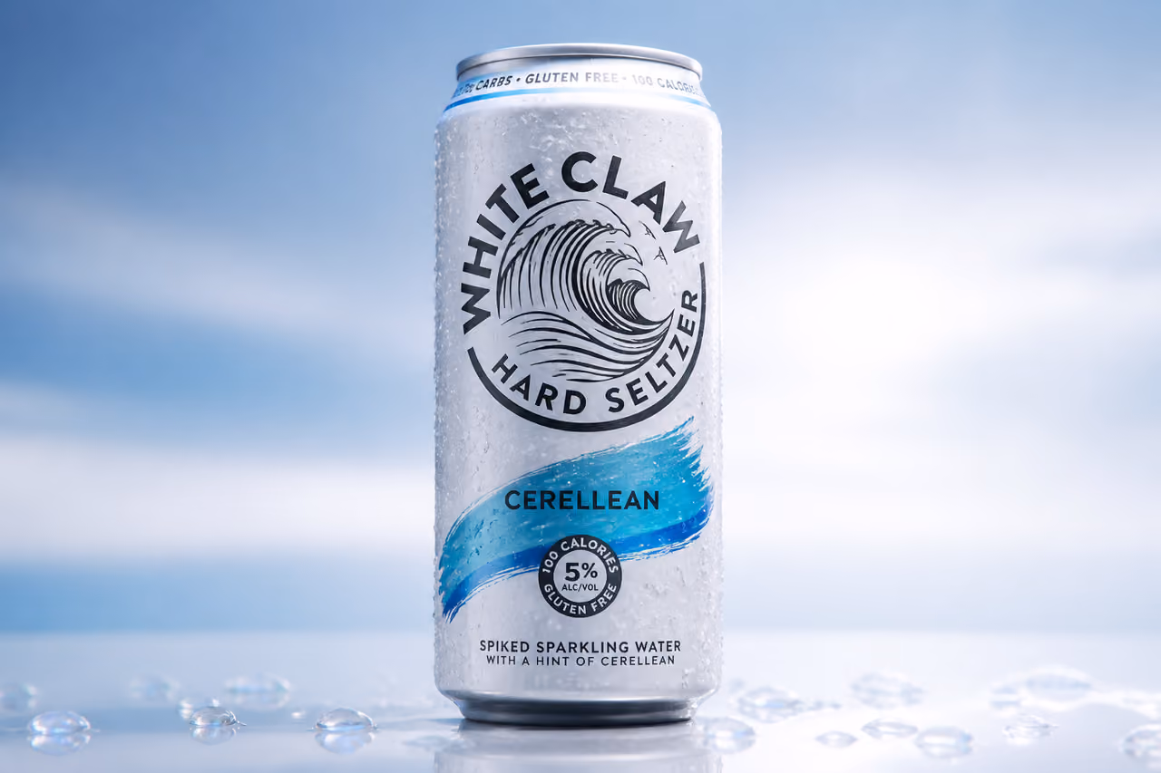 Chilled Cerellean Whiteclaw Can with Condensation on White Surface
