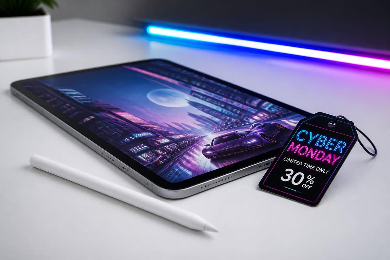 Digital Stylus and Tablet on Desk for Cyber Monday Sale