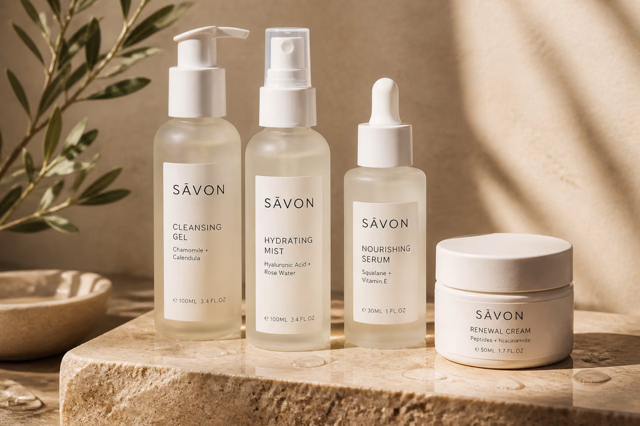 Minimalist Skincare Product Set on Travertine Stone Plinth
