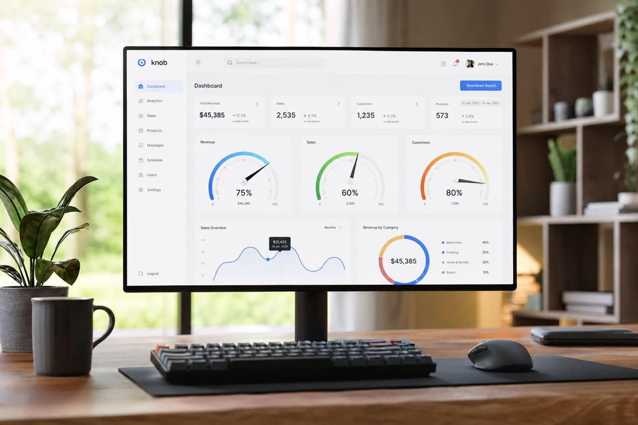 Data Dashboard Featuring Knob Chart JS Gauges on Monitor