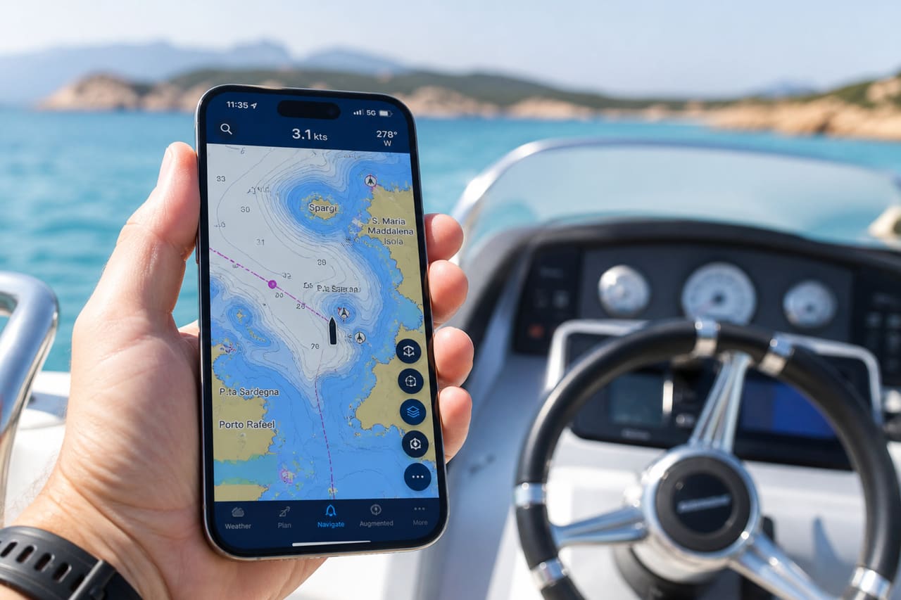 Hand Holding Android Phone with Boating Navigation App on Boat