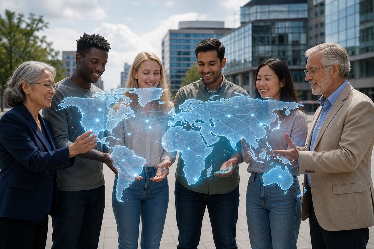 Diverse Group of People Holding Glowing World Map