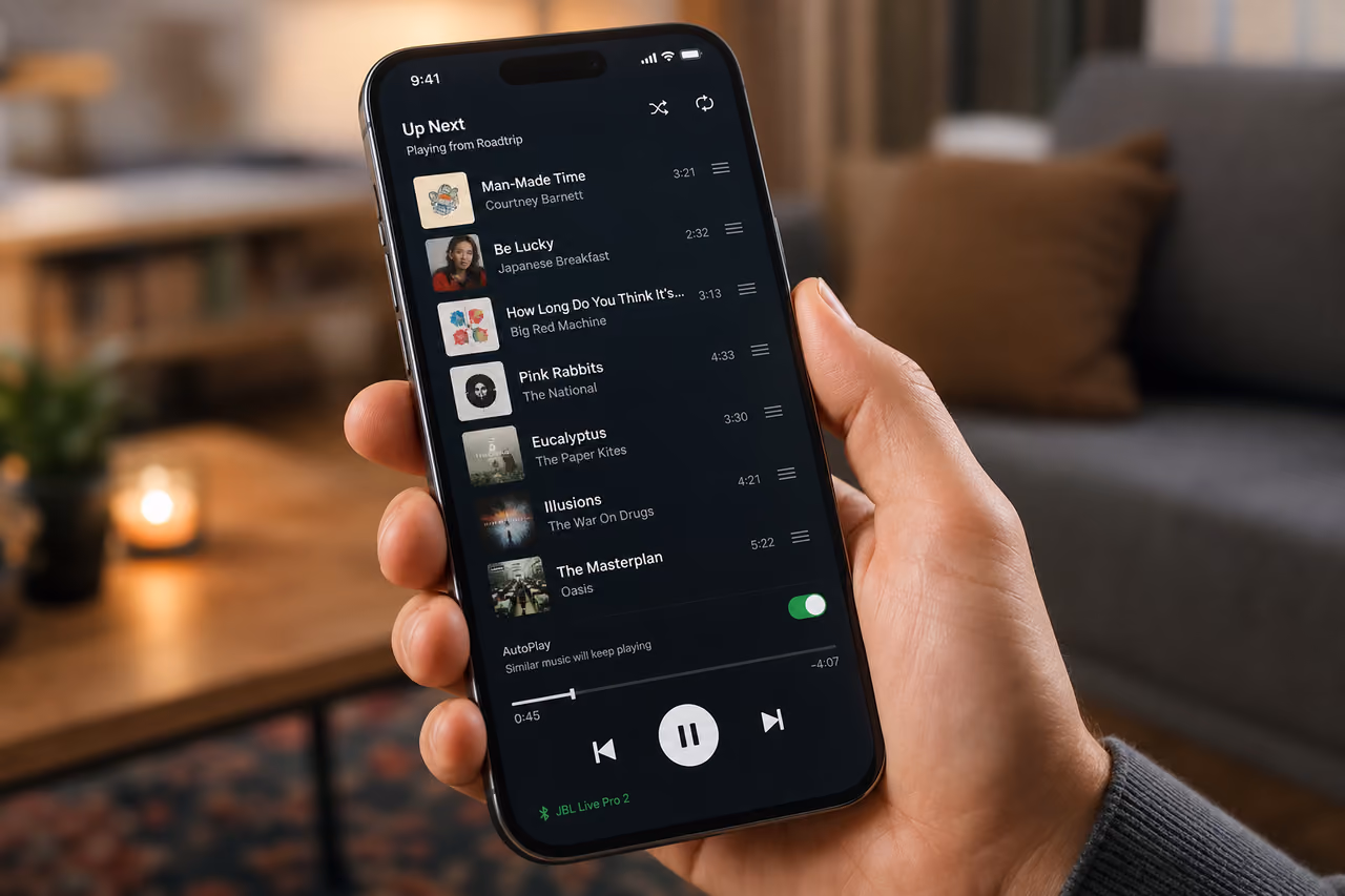 Person Viewing a Music Streaming Queue List on a Smartphone