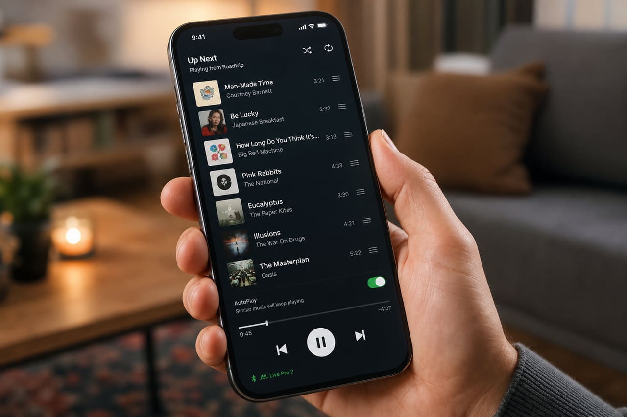 Person Viewing a Music Streaming Queue List on a Smartphone