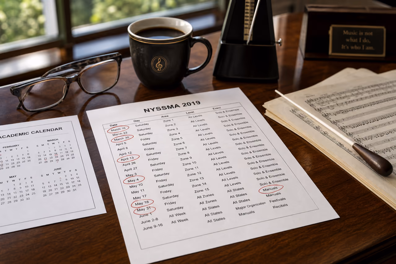 Music Teacher Organizing Nyssma 2019 Schedule on Wooden Desk
