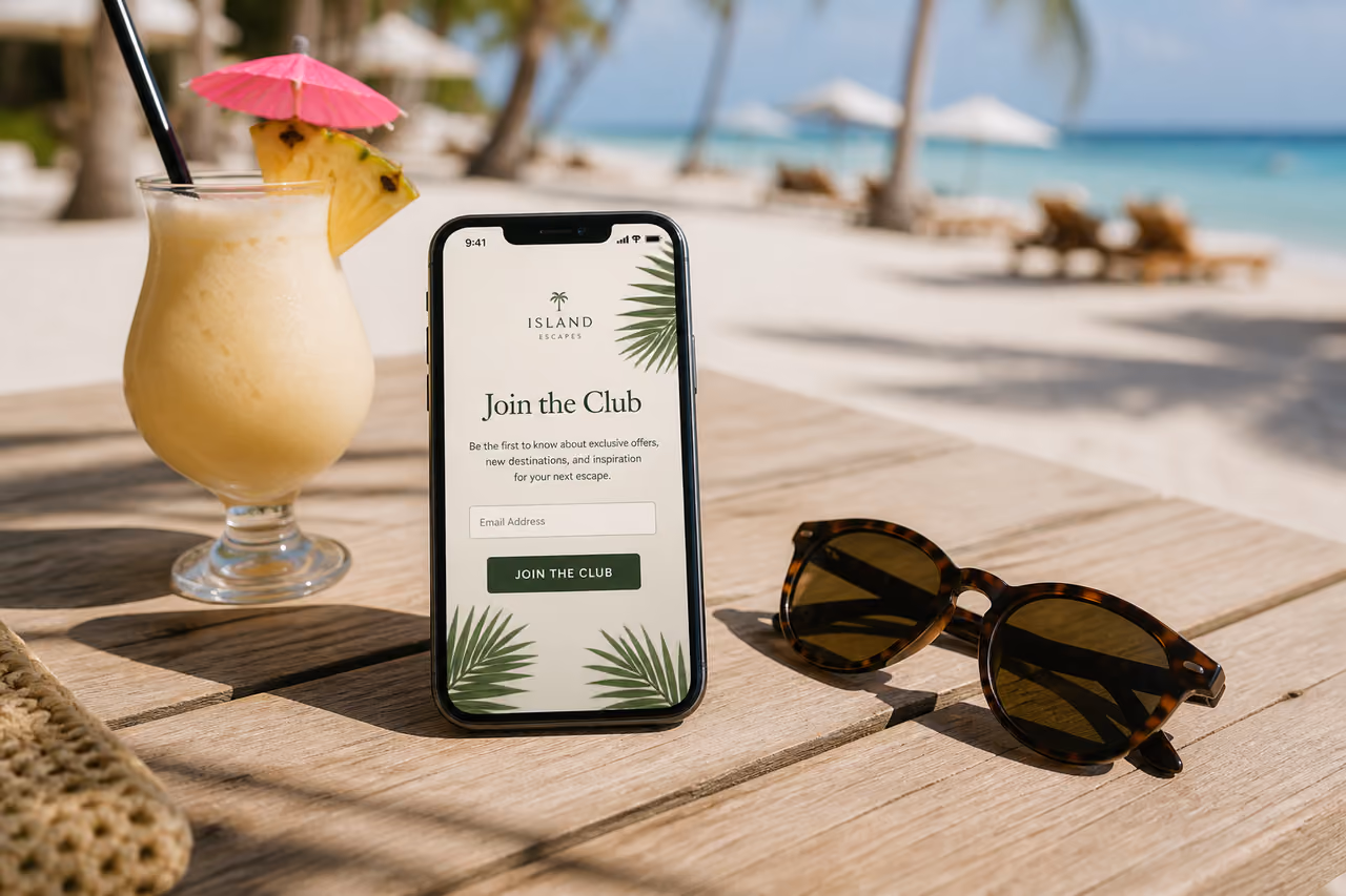 Smartphone Displaying Email Sign Up Page on Tropical Beach Table