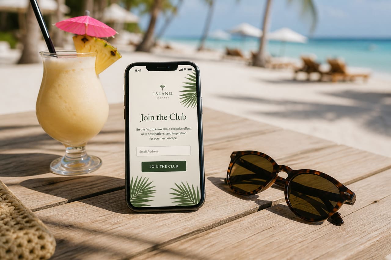 Smartphone Displaying Email Sign Up Page on Tropical Beach Table