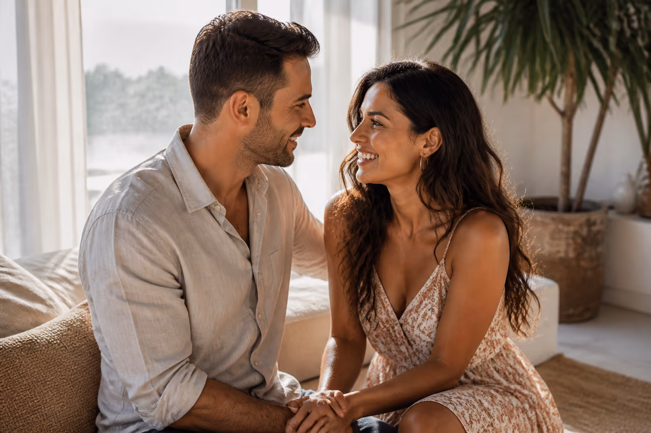 Happy Couple Sharing an Intimate Moment in a Sunlit Room