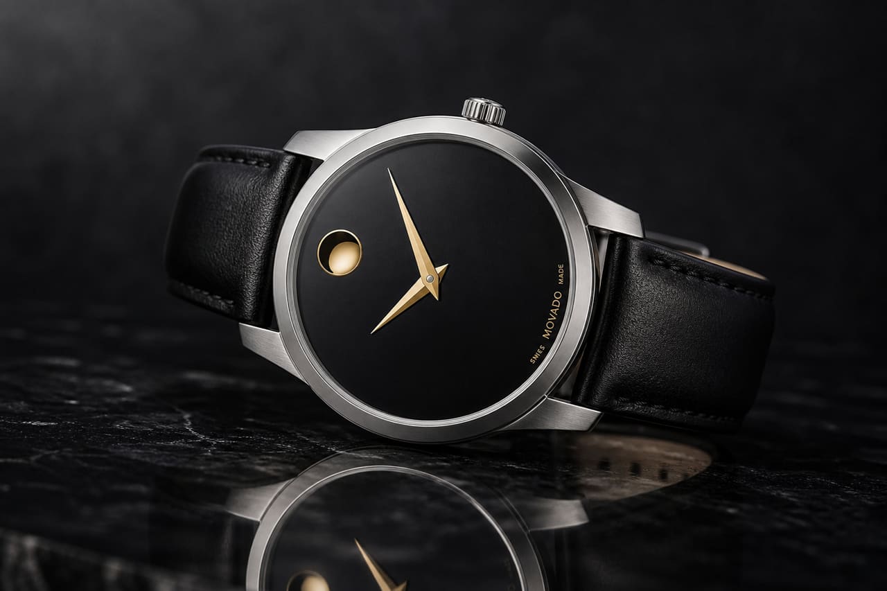 Movado 3600509 Minimalist Watch on Reflective Dark Surface
