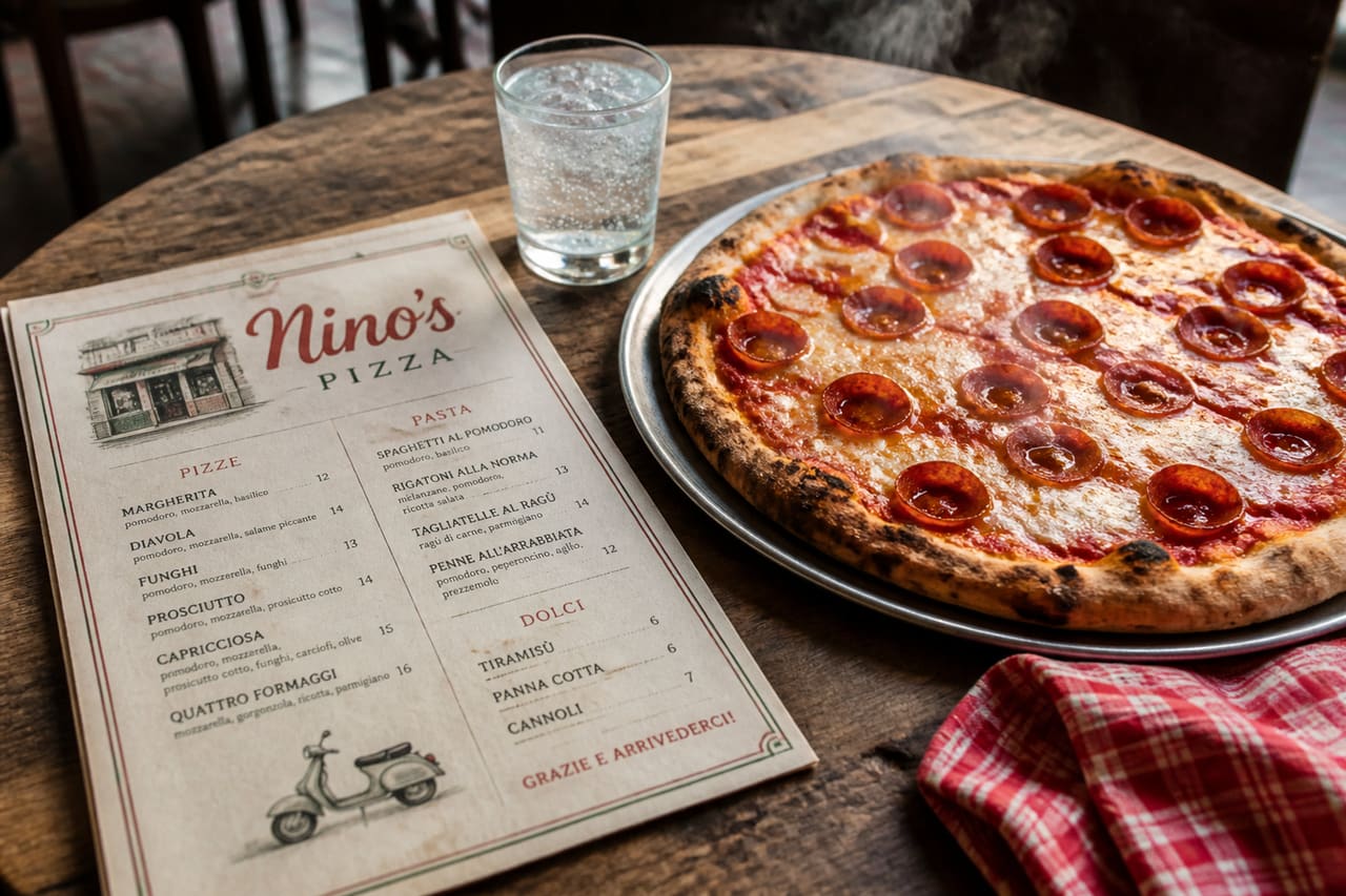 Printed Nino's Pizza Menu Beside Fresh Pepperoni Pizza