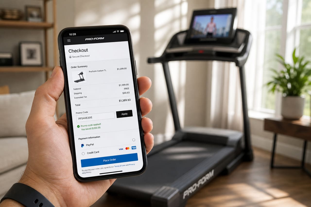 Person Applying Discount Code on Smartphone Near Home Treadmill