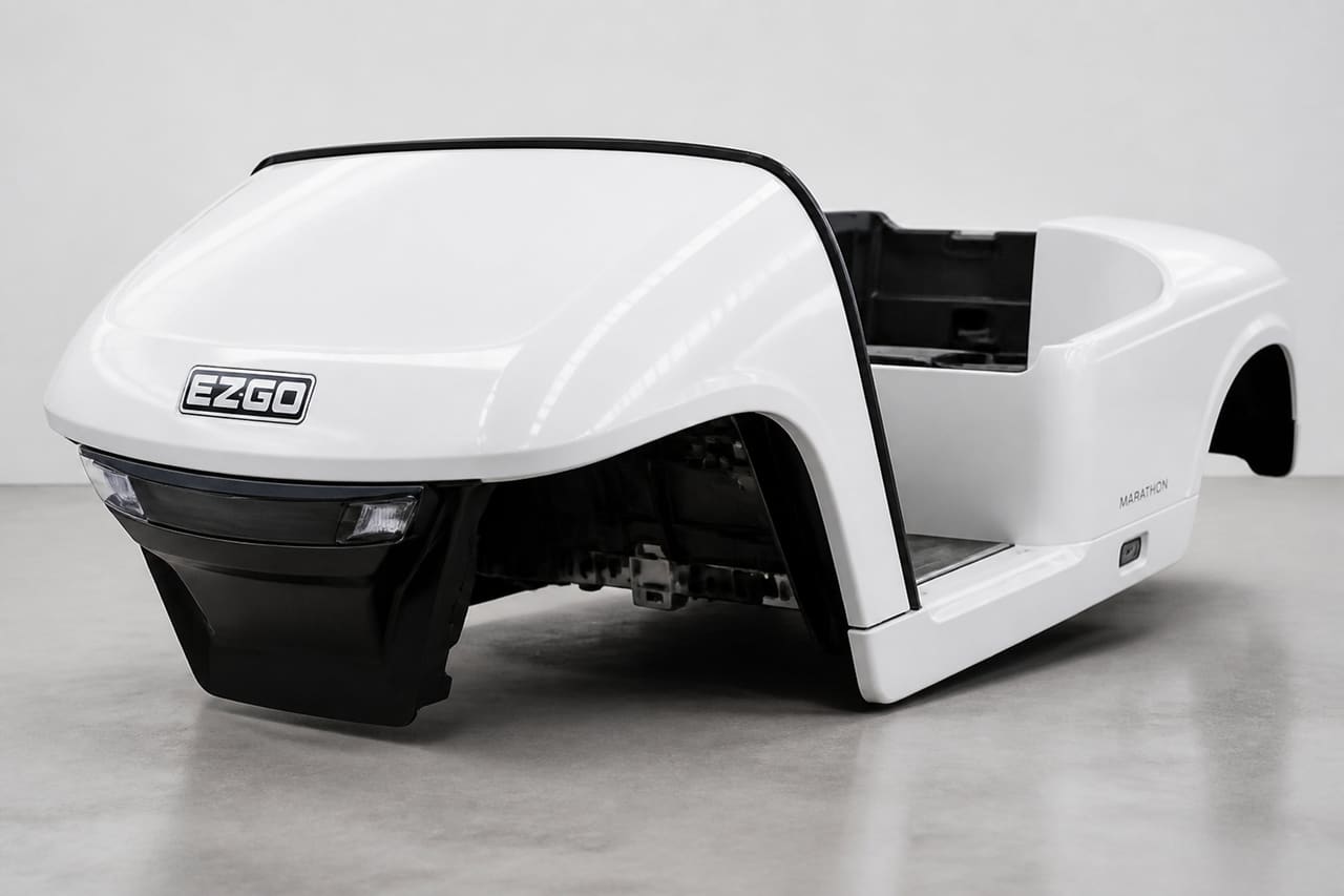 Glossy White Ezgo Marathon Body in Studio Setting