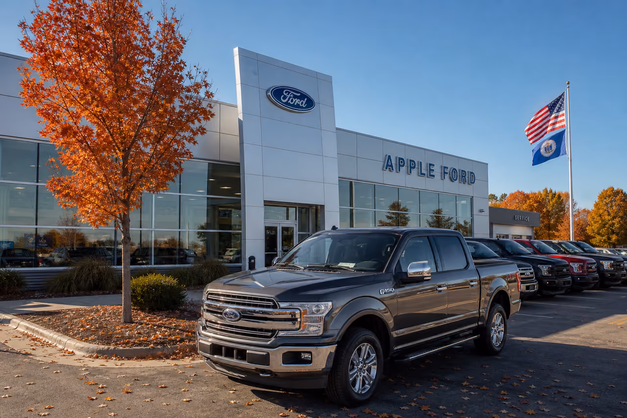 Modern Ford Dealership Exterior with Vehicles in Minnesota