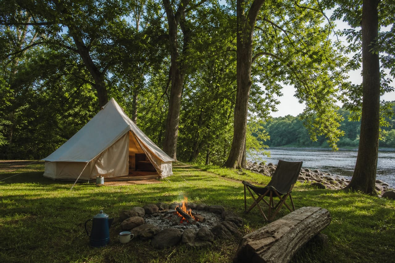 Canvas Tent and Campfire at Holtwood Campground