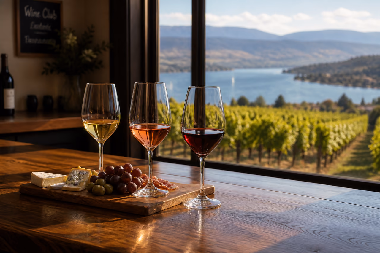 Wine Flight and Charcuterie Board Overlooking a Kelowna Vineyard