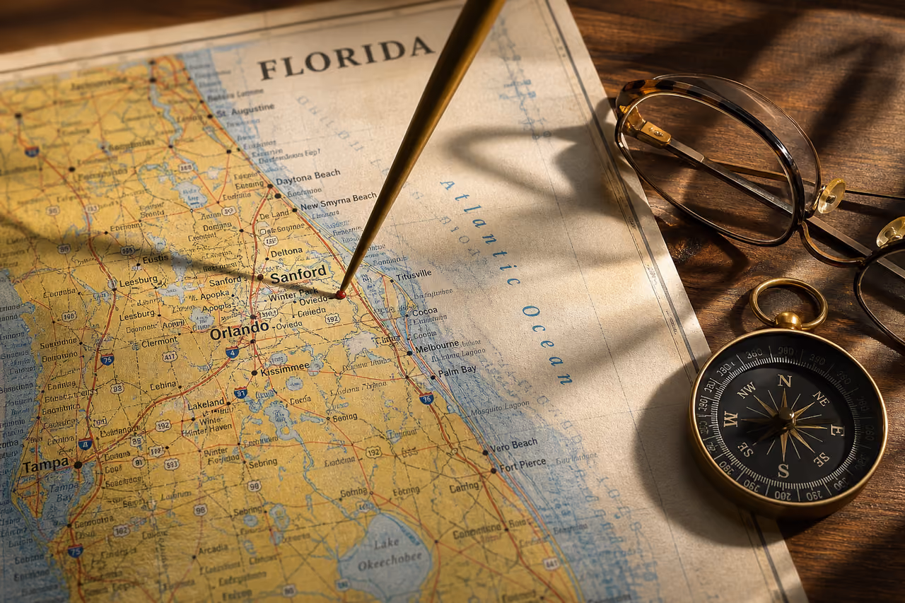 Map Pin Marking Sanford Florida on a Printed Map