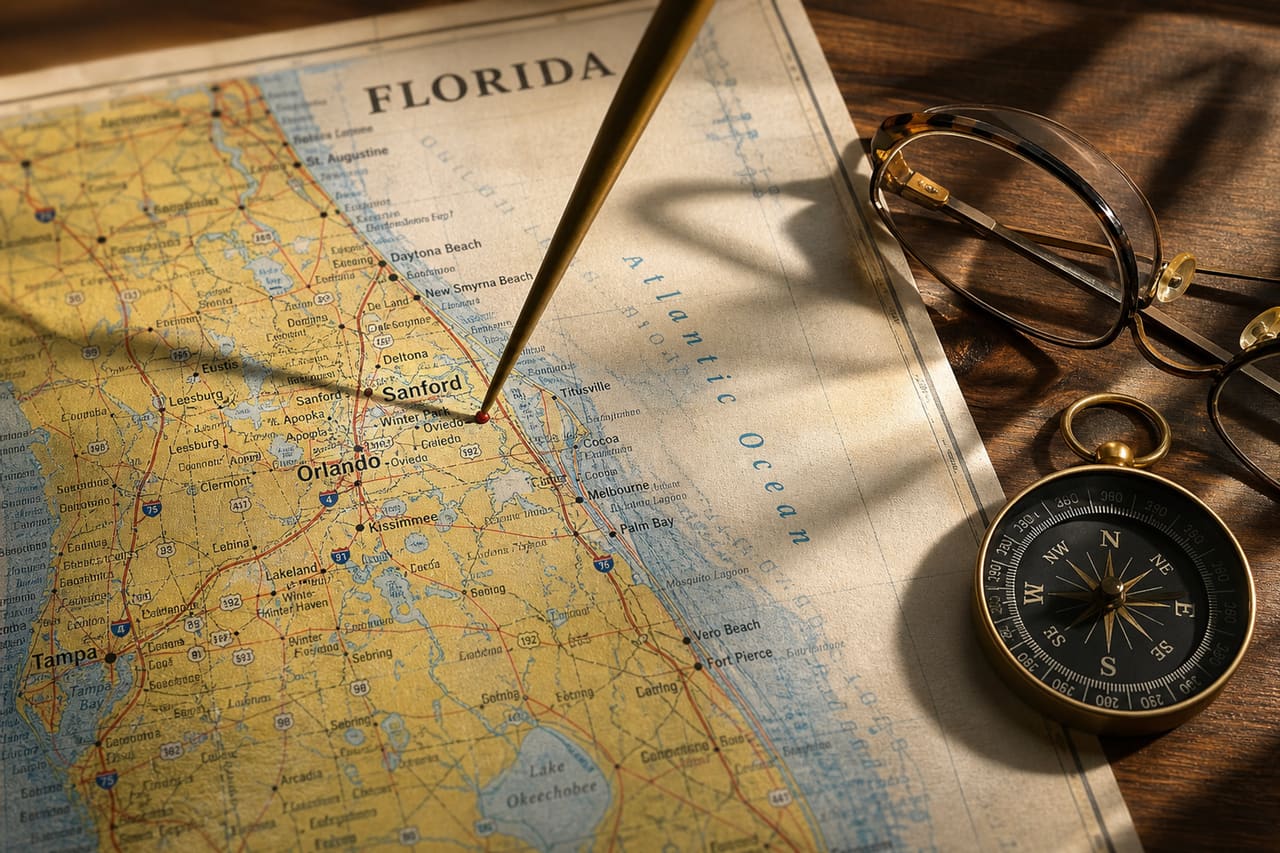 Map Pin Marking Sanford Florida on a Printed Map