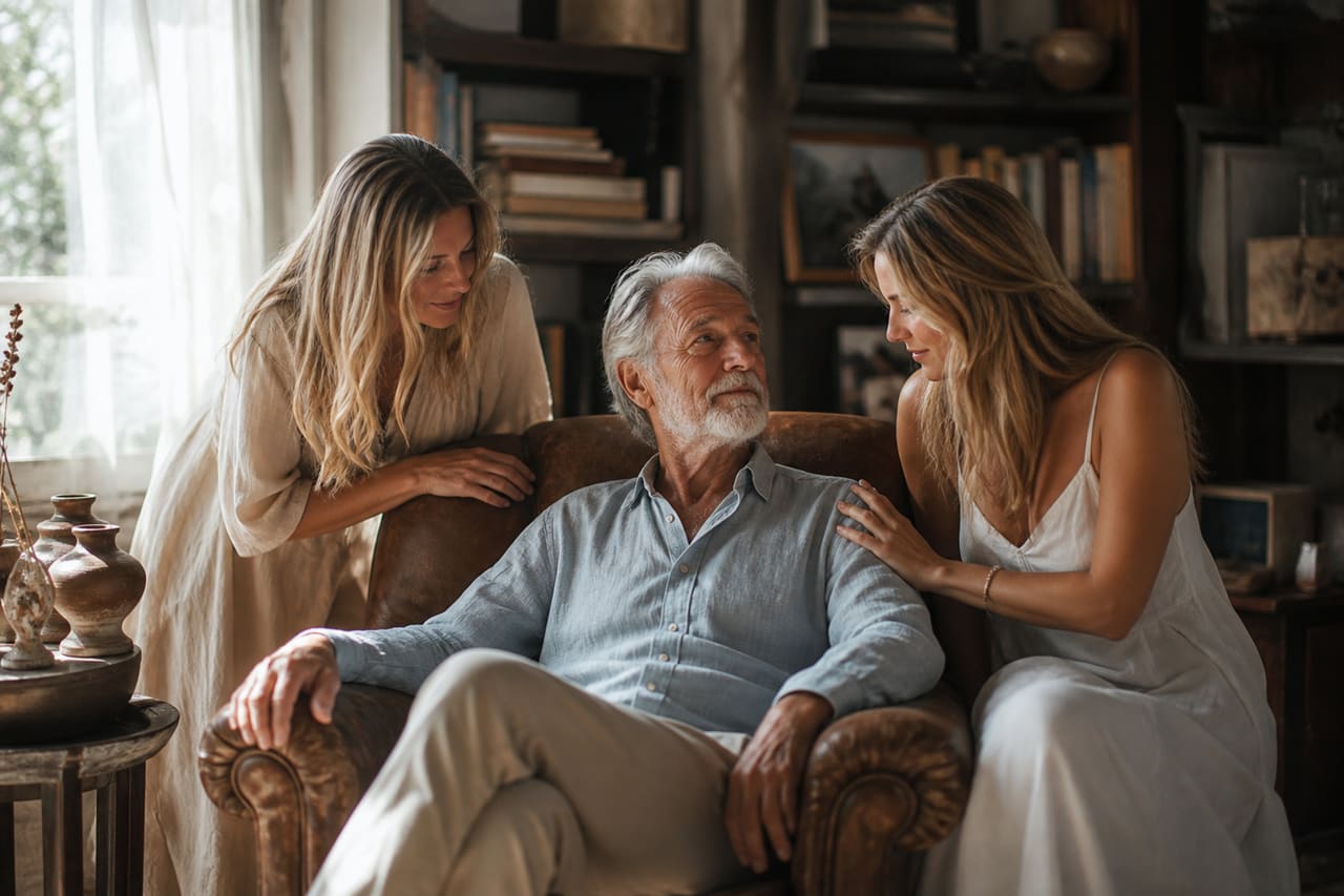 Father and Adult Daughters Sharing Emotional Moment in Living Room