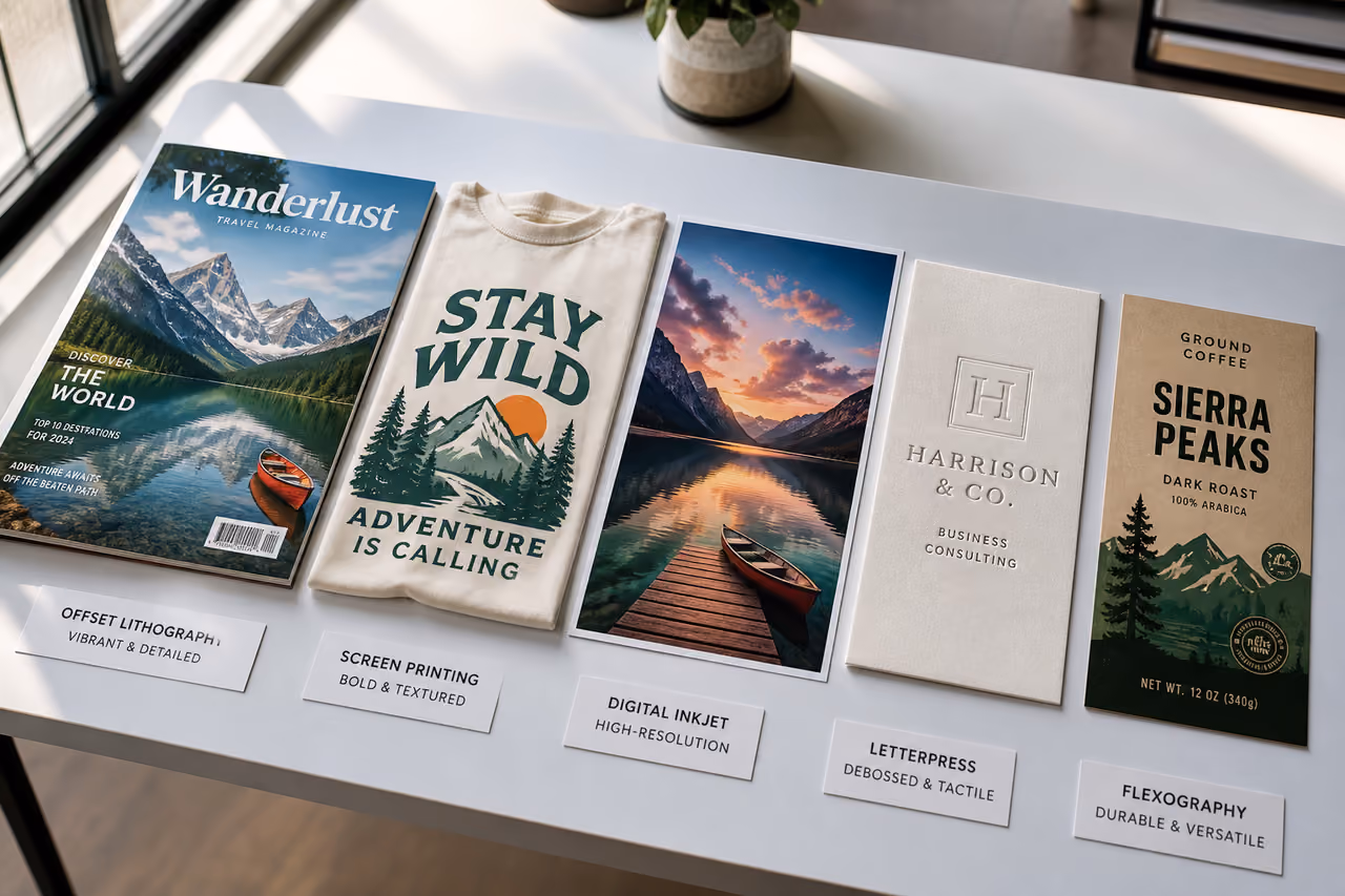 Samples of Five Major Printing Processes on a White Surface