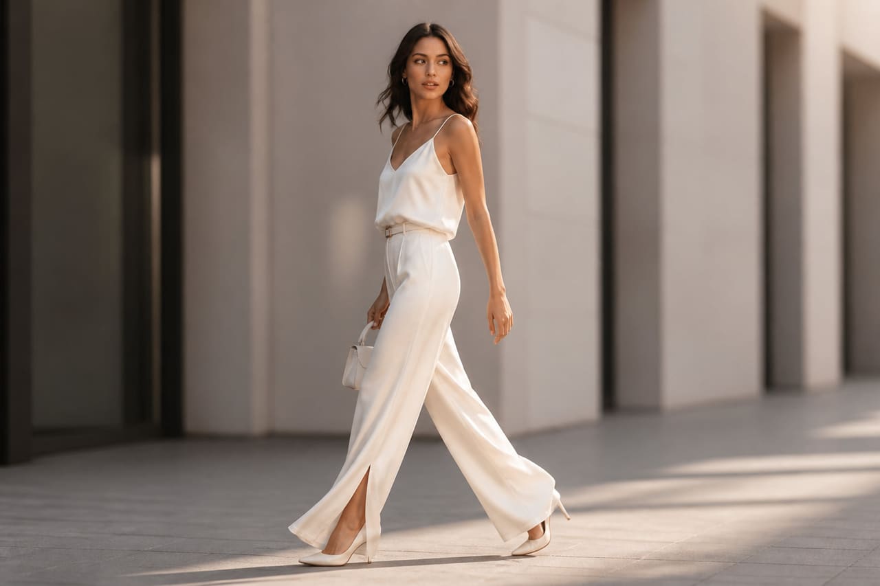 Woman Wearing Wide Leg Trousers with Slits in Urban Setting