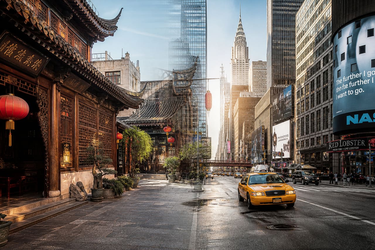 Split View of Traditional Chinese Architecture and Modern American Cityscape