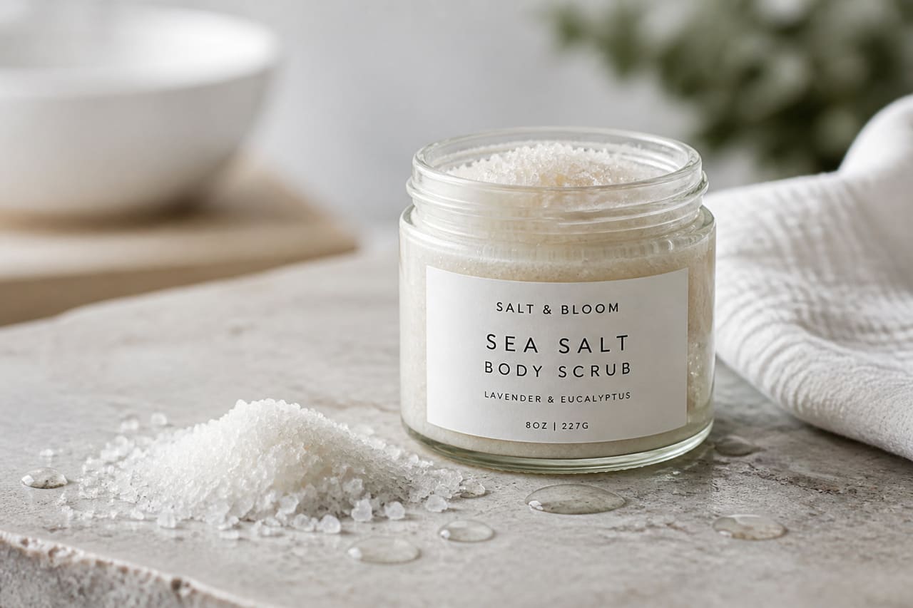 Sea Salt Body Scrub in Glass Jar on Stone Slab