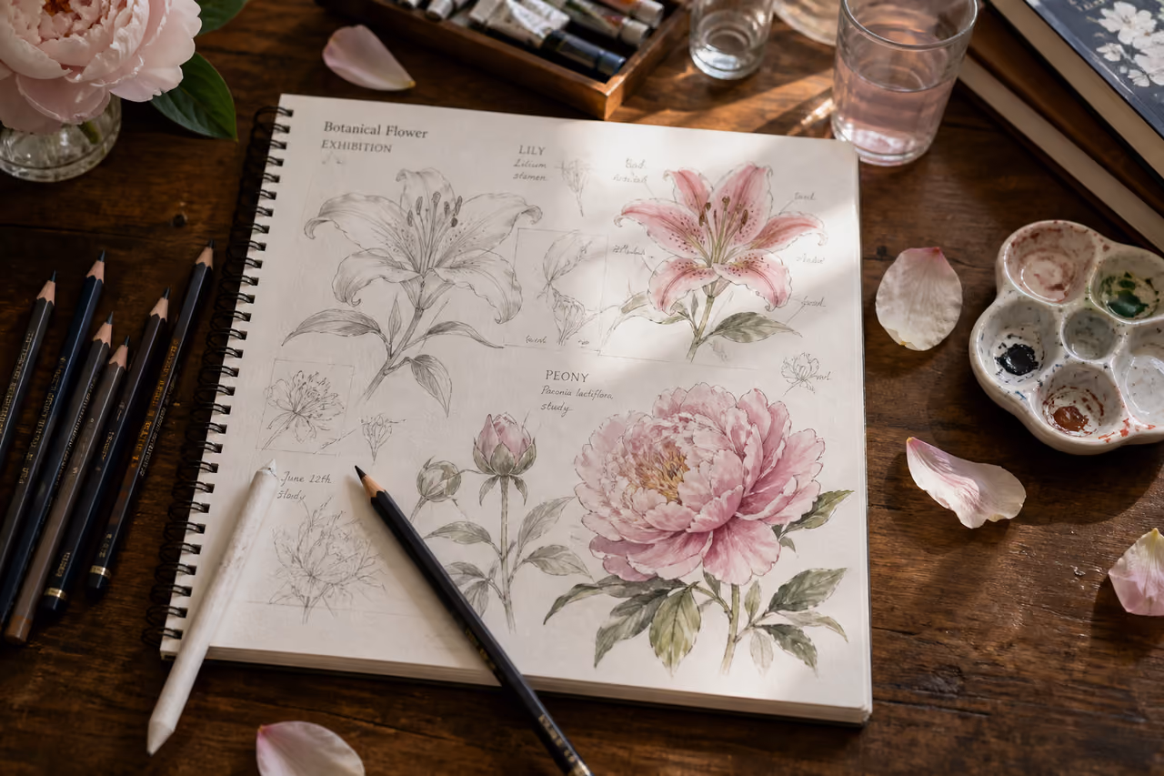 Botanical Flower Exhibition Drawing in an Artist's Sketchbook