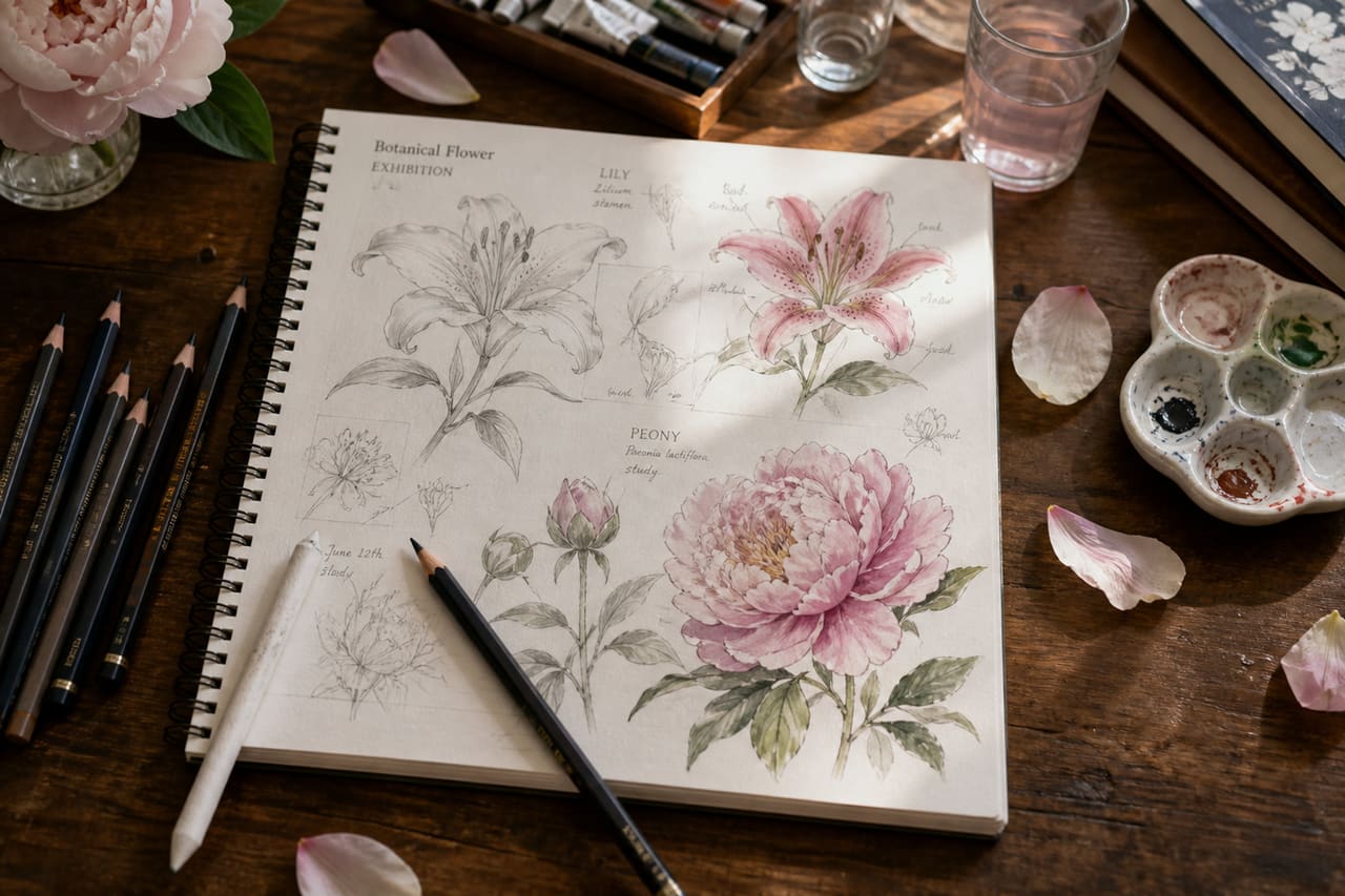 Botanical Flower Exhibition Drawing in an Artist's Sketchbook