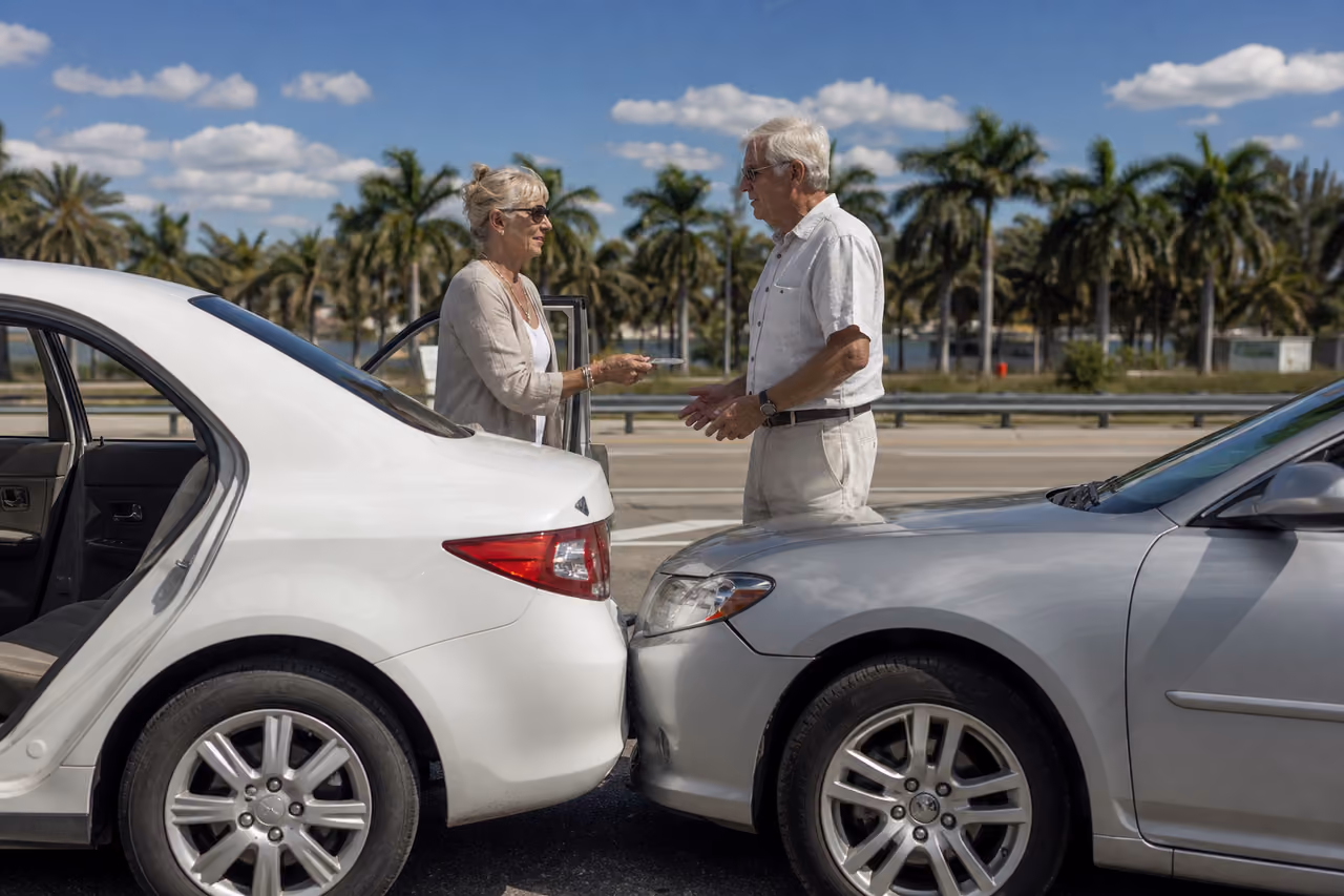 Elderly Couple Exchanging Insurance After Minor Car Collision